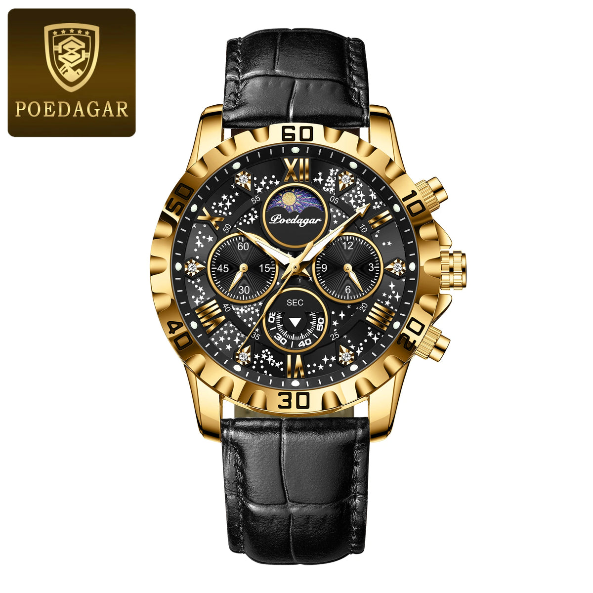 POEDAGAR Luxury Fashion Man Watch Waterproof Luminous Chronograph Leather Watches For Men Sports Outdoor Men's Quartz Wristwatch