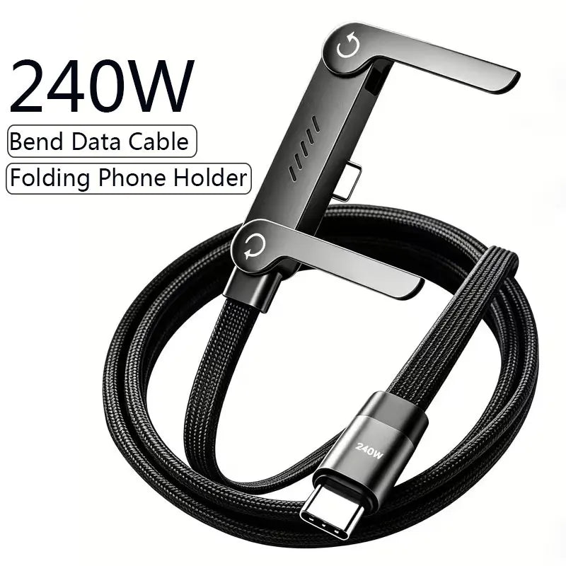 240W PD Fast Charging Type C to Type C Cable USB C to Type C Cable with Foldable Stand Phone Holder For iPhone 15 Xiaomi HUAWEI