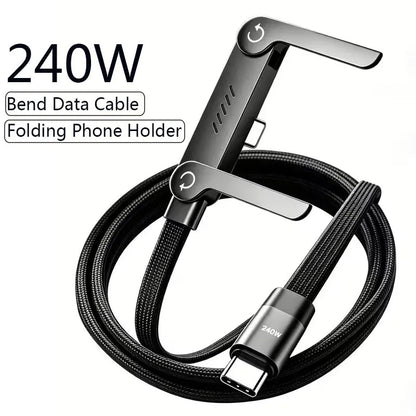 240W PD Fast Charging Type C to Type C Cable USB C to Type C Cable with Foldable Stand Phone Holder For iPhone 15 Xiaomi HUAWEI