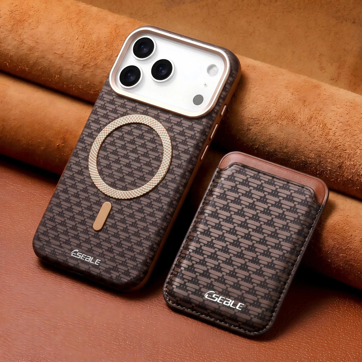 ESEBLE Detachable Magnetic Card Holder Phone Case For iPhone 18 17 16 Pro Max Luxury Vintage Woven Pattern PU Leather MagSafe Wa
