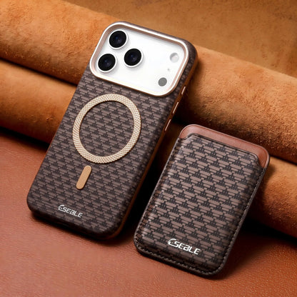 ESEBLE Detachable Magnetic Card Holder Phone Case For iPhone 18 17 16 Pro Max Luxury Vintage Woven Pattern PU Leather MagSafe Wa