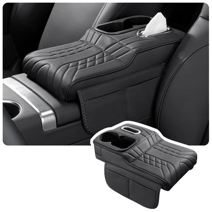 Multifunctional Car Armrest Cushion, Center Console Cover with Tissue Holder, Cup Slot and Side Pockets