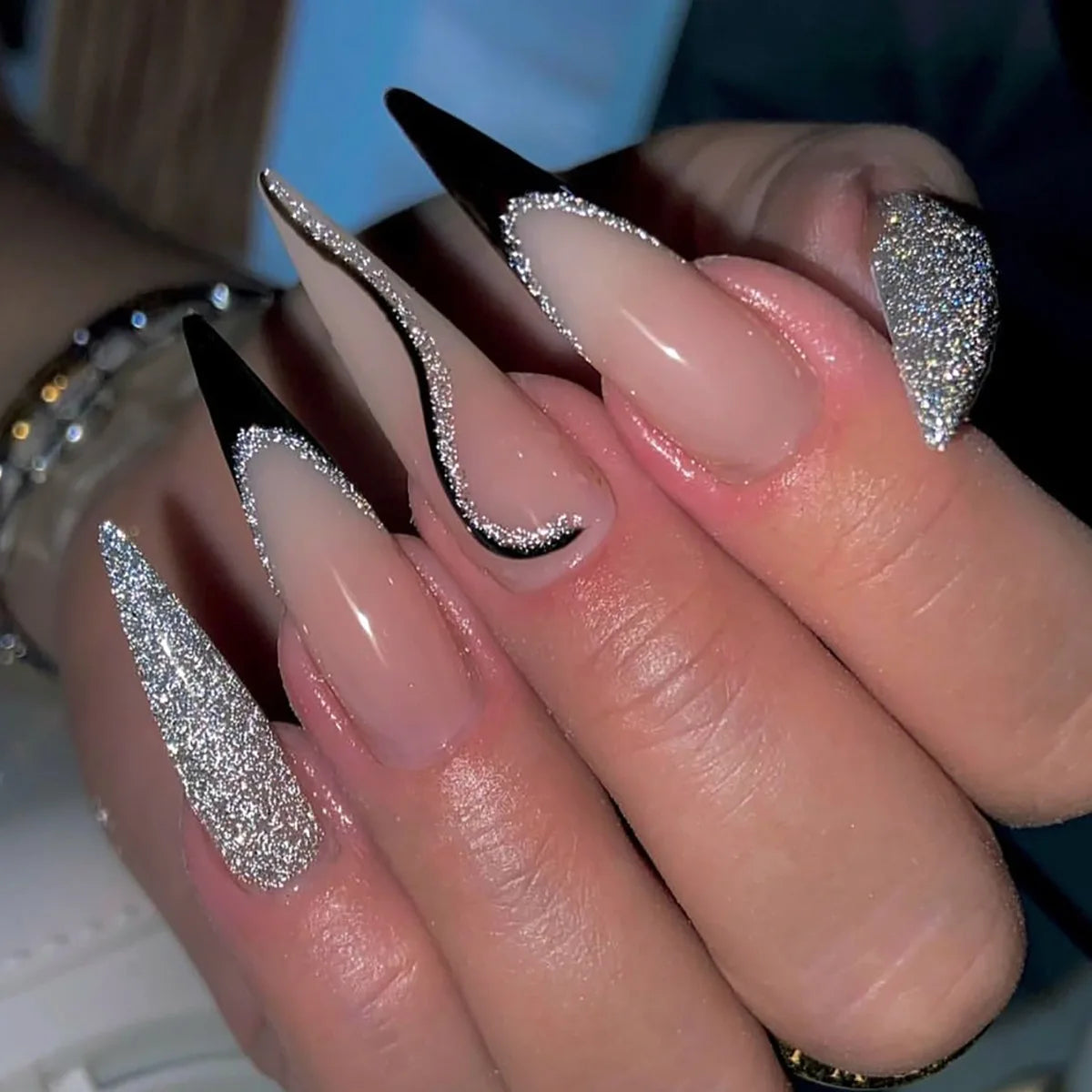 24Pcs Black Y2K Fake Nails with Diamond – Long Almond Butterfly Design Halloween Press-on Nails