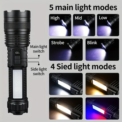 LED Flashlight Rechargeable Long-Beam Portable Outdoor Emergency Lighting With Long Battery Life, Suitable For Camping And Hiki