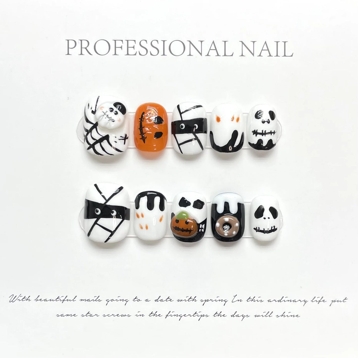10Pcs Handmade Press-on Nails – Cute Pink Ghost & Crystal Love Halloween Design