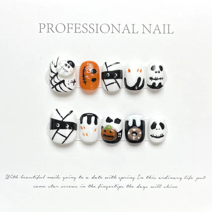 10Pcs Handmade Press-on Nails – Cute Pink Ghost & Crystal Love Halloween Design