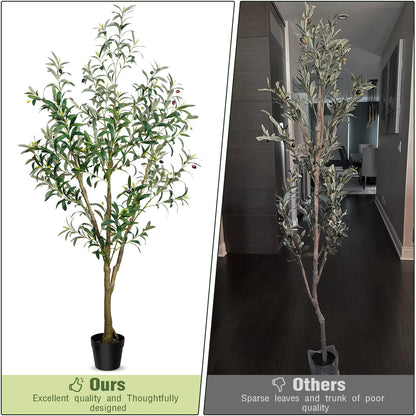 5/6/7/8 Olive Trees Artificial Indoor Faux Olive Tree with Black Pot Silk Fake Plant with Natural Wood Trunk and Lifelike Fruits for Home Office Decor