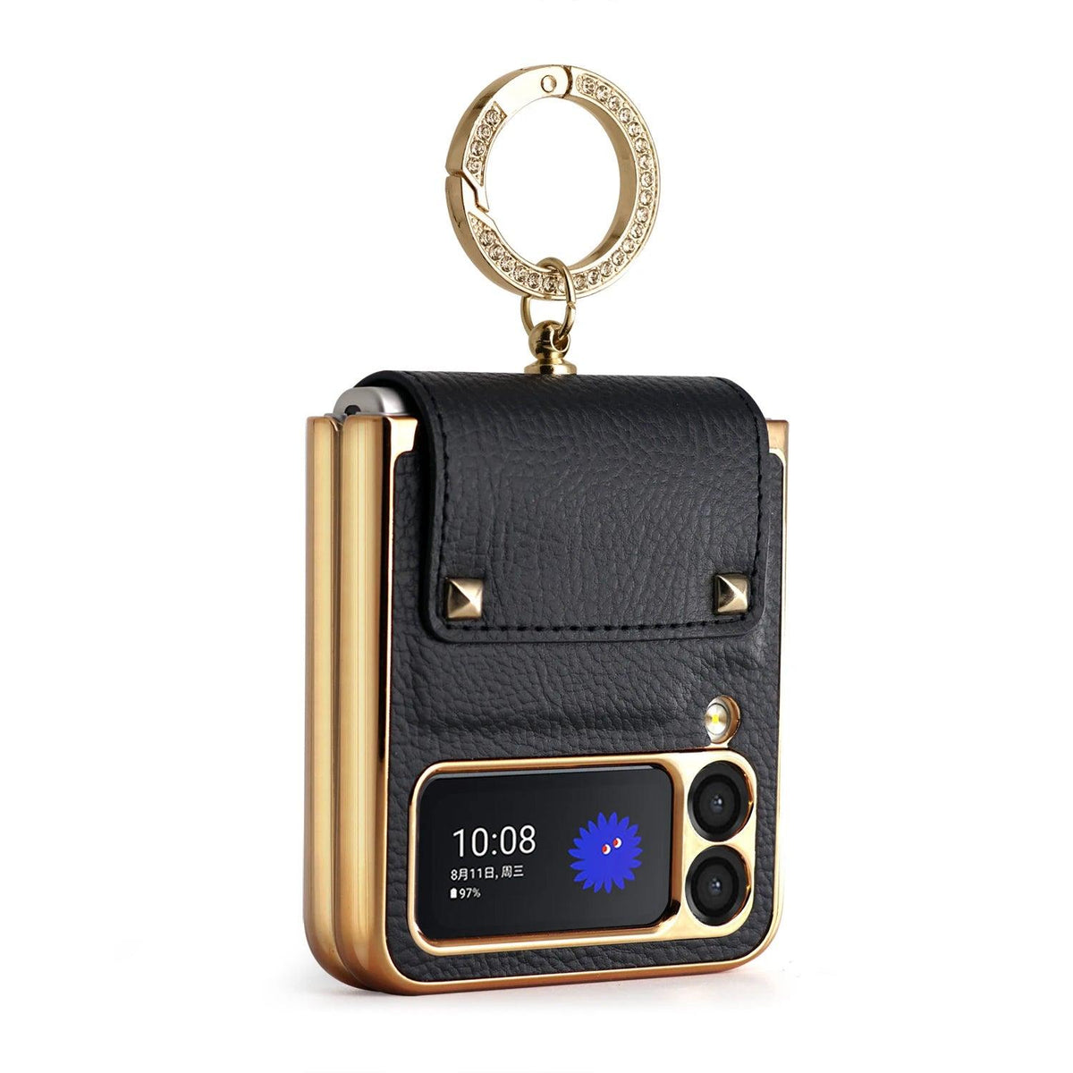 Z Flip6 Flip4 Flip5 plating PC Ring Holder Orange Leather mobile phone case for samsung galaxy Z Flip 7 5 Z flip4 5 cover case