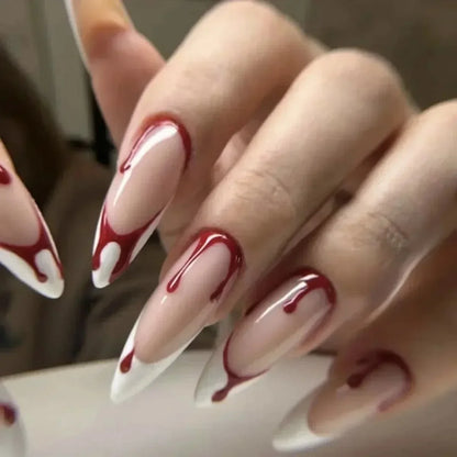 24Pcs Blood Splatter Almond Press-on Nails – Long Glossy Red & White Halloween Fake Nail Kit