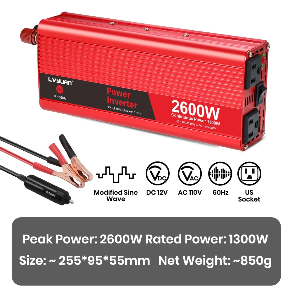 2600W 2000W 1500W LVYUAN Power Inverter 12V 110V 60Hz Car Inverter Dual US Sockets&USB Output Camping/Traval/RV Power Supply