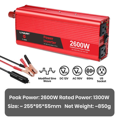 2600W 2000W 1500W LVYUAN Power Inverter 12V 110V 60Hz Car Inverter Dual US Sockets&USB Output Camping/Traval/RV Power Supply