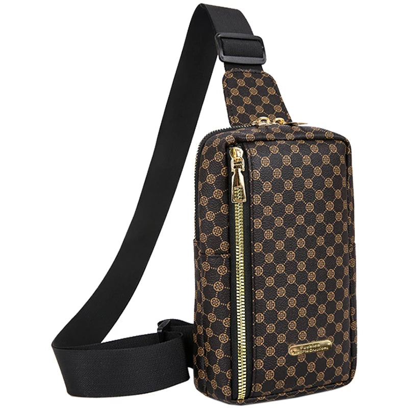 Brown Classic Plaid Pattern Chest Bag, Multi-zip Spacious Sling Purse Fits Phone, Makeup and Small Daily Essentials
