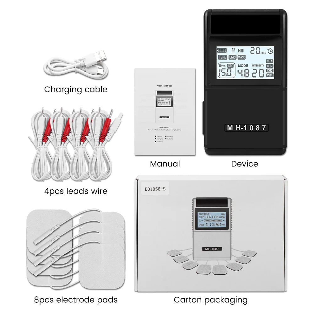Digital TENS Unit Machine 4-Channel Tens Electrostimulator Rechargeable Body Muscle Stimulator with 20 Intensity for Pain Relief