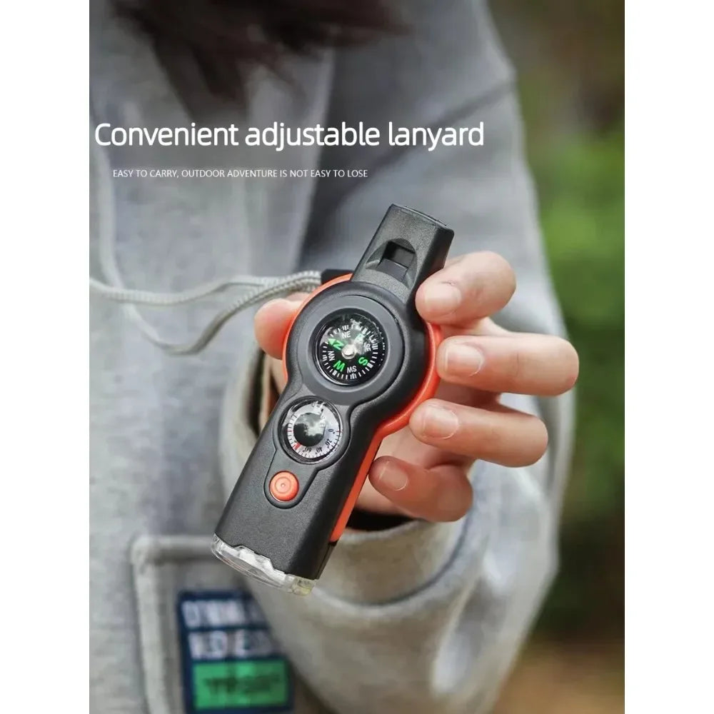 Camping Hiking 7in1 Outdoor Multifunctional Survival Whistle Flashlight Compass Thermometer Magnifier Reflector Magnifying Glass