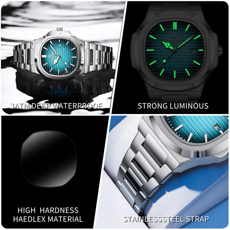 2026 New Luxury Military Man Watch Square Waterproof Luminous Date Week Men Watch Stainless Steel Quartz Men's Watches Reloj+box