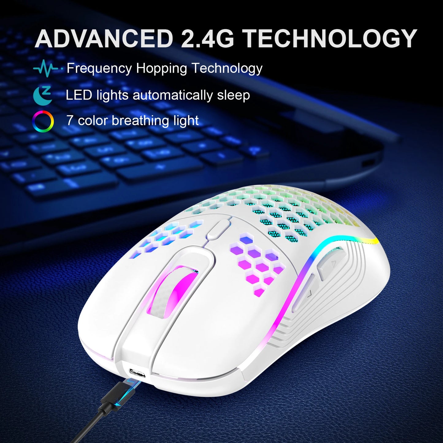Wireless Gaming Mouse Honeycomb 2.4G USB Cordless Mouse RGB Rechargeable PC Game Mice With LED Lights, Drag-Free Paracord, Ergon