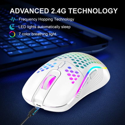 Wireless Gaming Mouse Honeycomb 2.4G USB Cordless Mouse RGB Rechargeable PC Game Mice With LED Lights, Drag-Free Paracord, Ergon