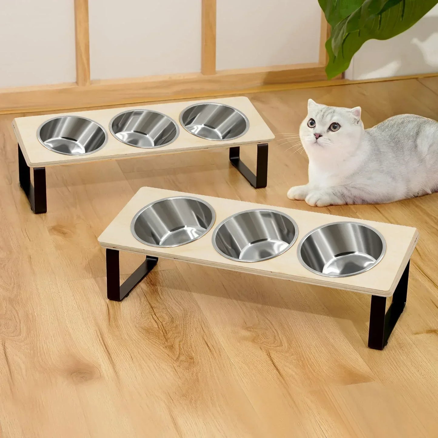 Elevated Cat Bowls Feeder 15° Tilted Raised Feeding & Watering Supplies Pet 3 Stainless Steel Bowls with Stand for Cats Puppies - Urbizia