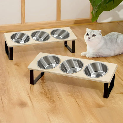 Elevated Cat Bowls Feeder 15° Tilted Raised Feeding & Watering Supplies Pet 3 Stainless Steel Bowls with Stand for Cats Puppies - Urbizia