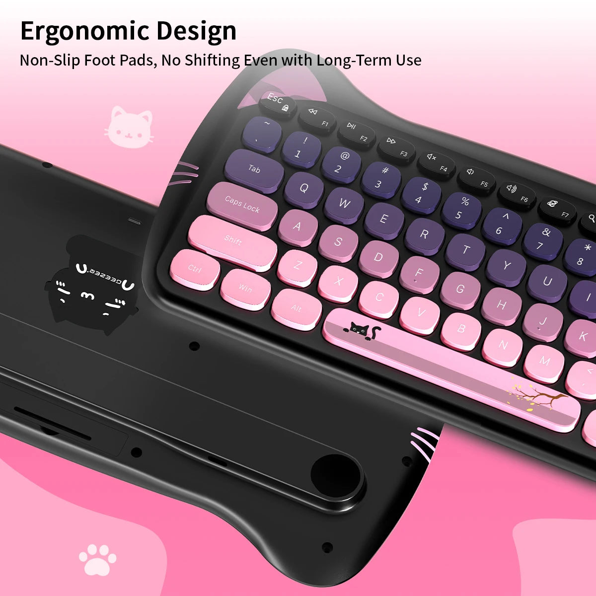 GEEZER Wireless Connection Cute Cat Shape Mixed Color Keycaps Ergonomic Cute Cat Style Keyboard Mouse Set