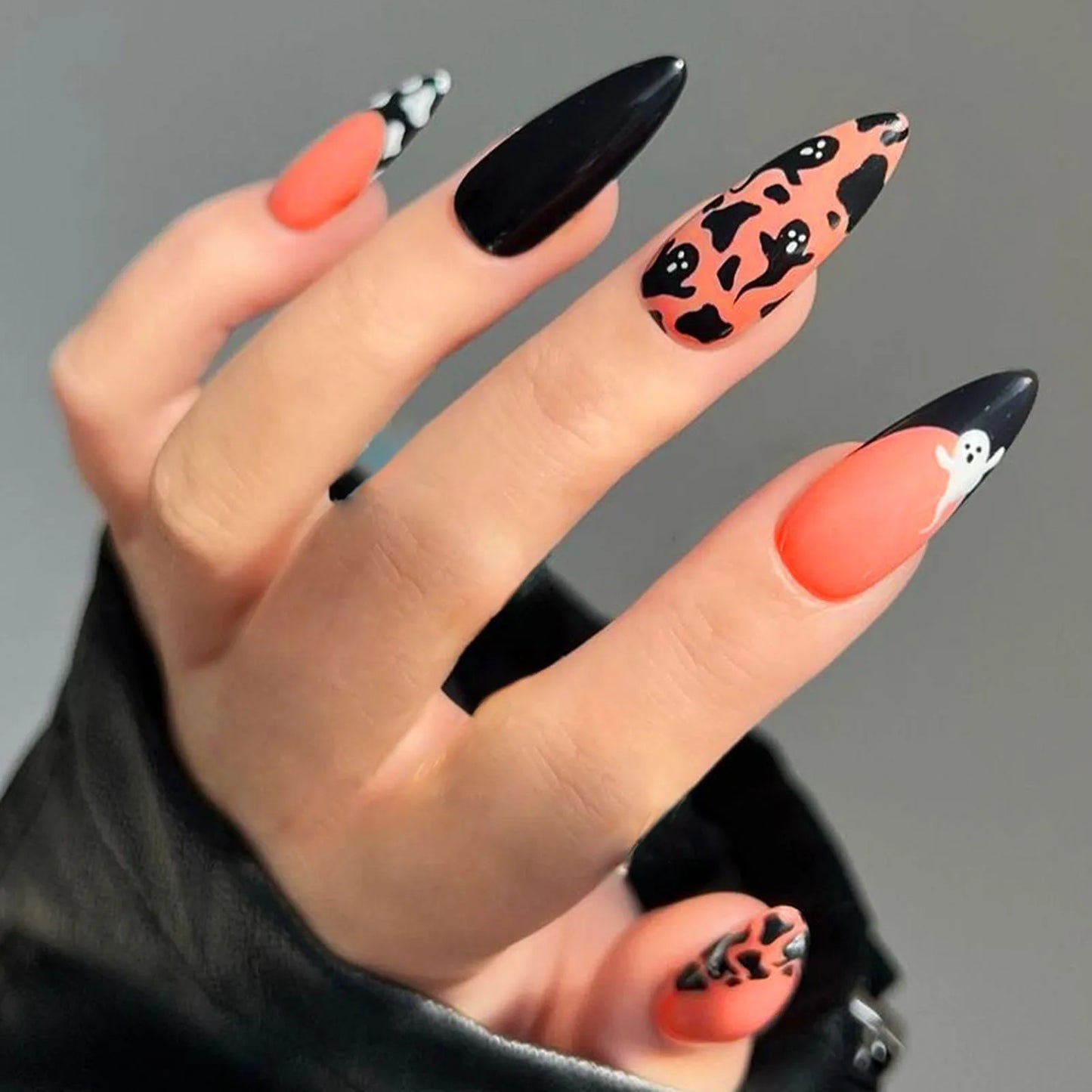 24Pcs Glitter Pink Sequins Fake Nails – Halloween Skull & Love Print Ballet Press-on Nails