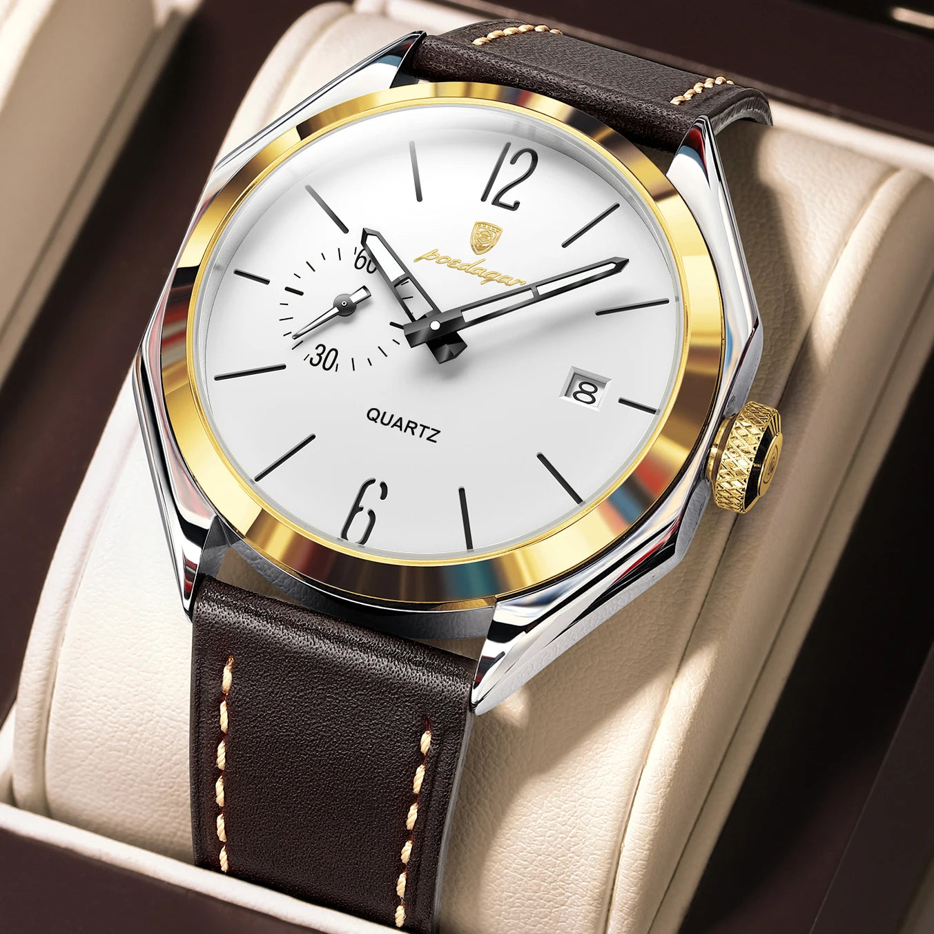 POEDAGAR Original Fashion Male Wristwatch Leather Quartz Business Men Watch Waterproof Luminous Date Elegant Men's Watches Reloj