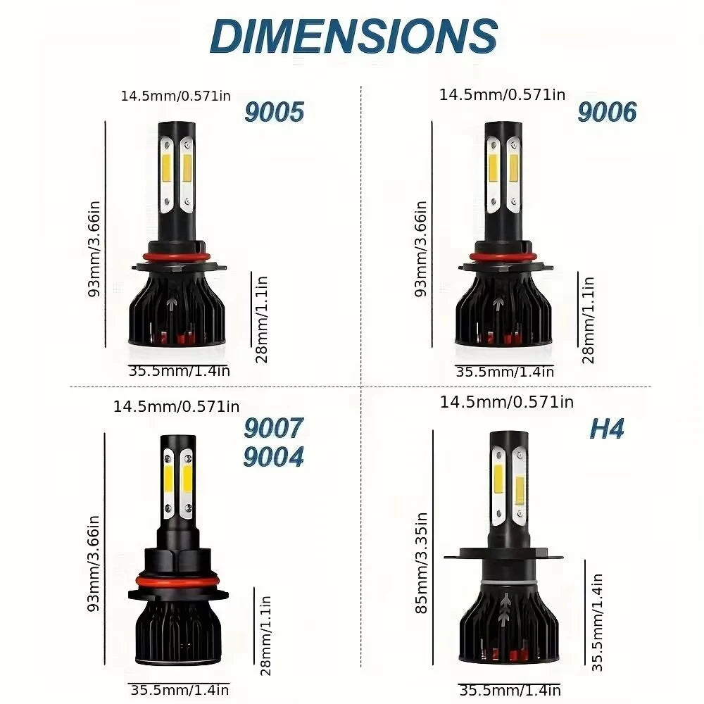 2pcs New 4 Sides 9005/HB3 9006/HB4 H4 H7 H11 H13 9004 9007 Car LED Bulbs 6000K White 8000K Ice Blue 26000LM 360 Beam Angle