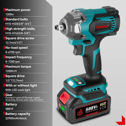 ONEVAN 1200N.M Brushless Electric Impact Wrench 3 Funtion 1/2" Cordless Portable Screwdriver Drill Tools For Makita Battery Pin