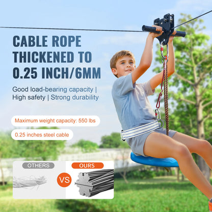 SucceBuy 60/80/100/120FT Zipline Kit Up to 500 lbs Backyard Outdoor Playground Entertainment Stainless Steel Safety Harness Seat
