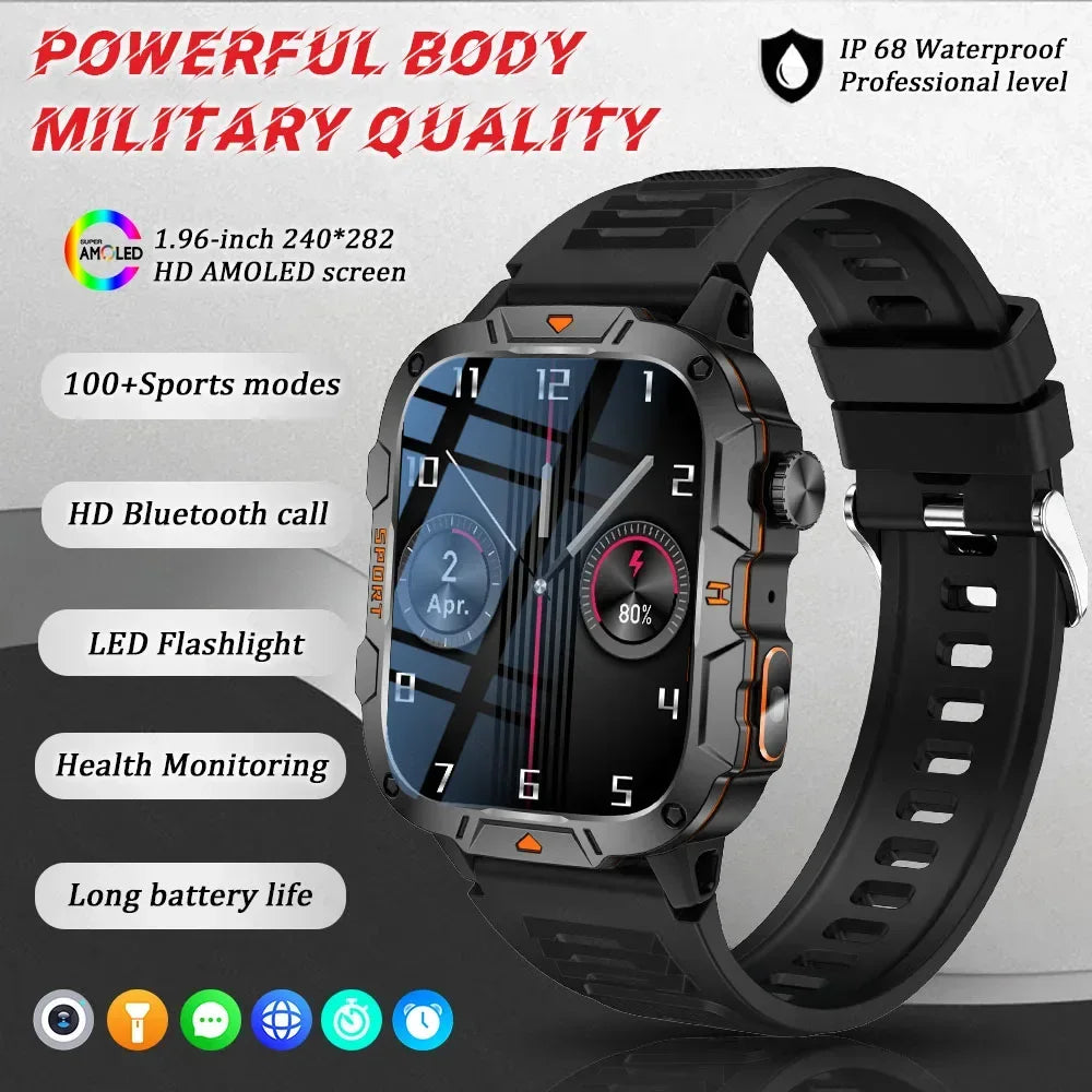 2025 New Military Grade Smart Watch Men 1.96" AMOLED Screen 5ATM Waterproof Simming Sports Fitness Tracker BT Call Smartwatches - Urbizia