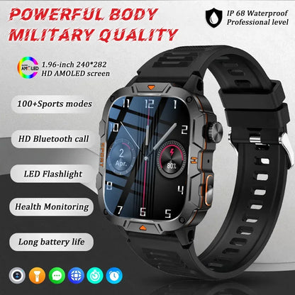 2025 New Military Grade Smart Watch Men 1.96" AMOLED Screen 5ATM Waterproof Simming Sports Fitness Tracker BT Call Smartwatches - Urbizia