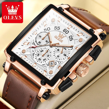 OLEVS 9919 Men Watch Original Brand Square Quartz Watch Waterproof Luminous Leather Strap Sport Clock Male Watch For Men