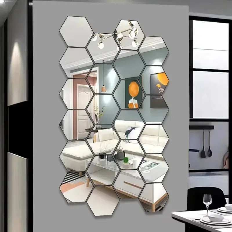 6/12pc Hexagon Mirror Wall Stickers 3D DIY Acrylic Mirror Sticker Self Adhesive Decals Removable Living Room Bathroom Home Decor - Urbizia