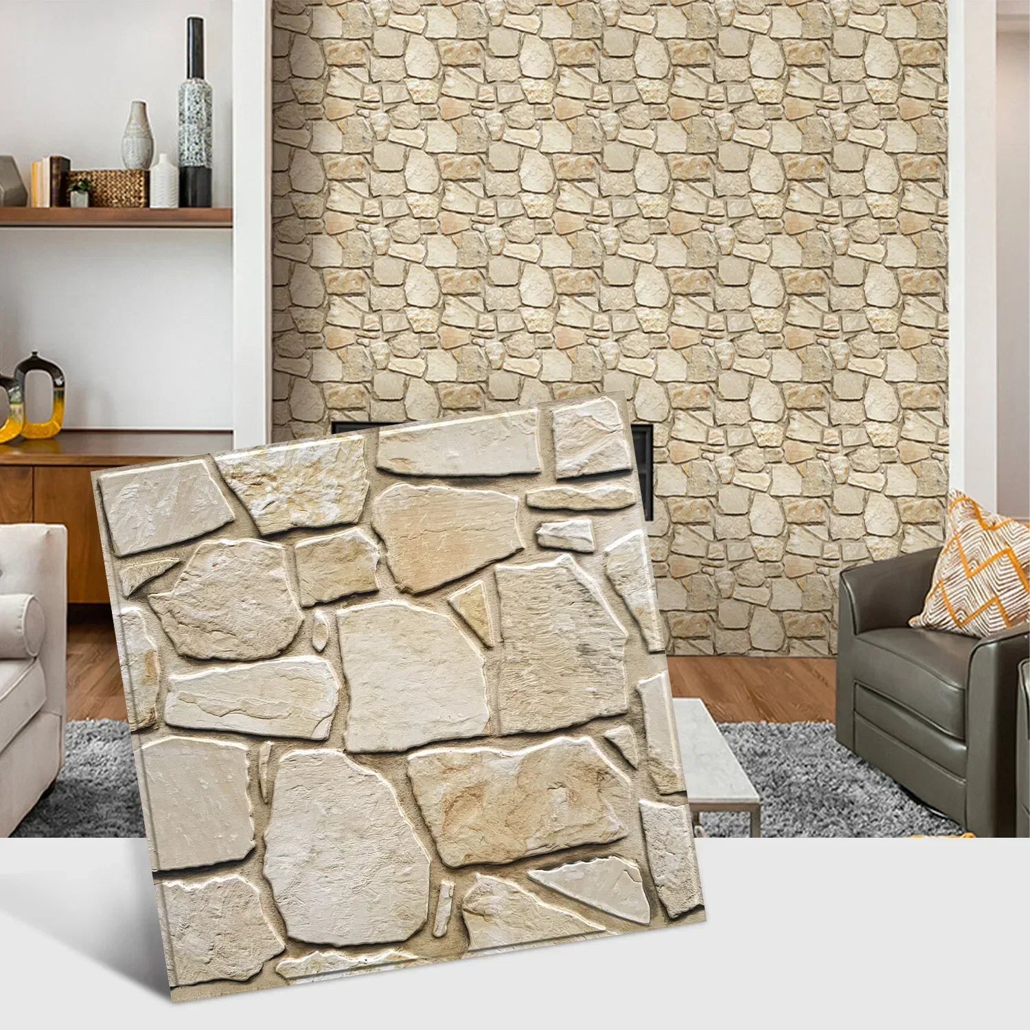 3D Tile Stickers, 3D Faux Stone Textures, Matte, 30cm x 30cm, Water and Mold Resistant, for Living Room, Kitchen Wall Update - Urbizia