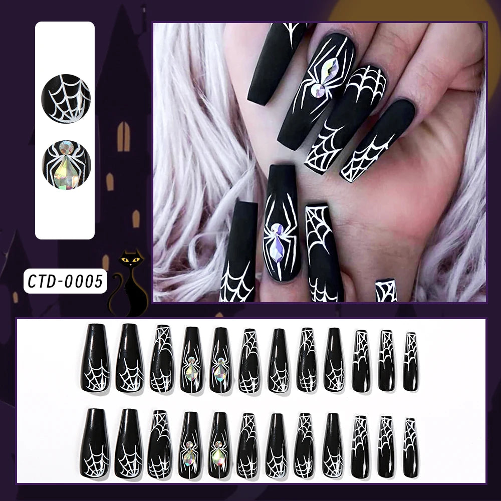 24Pcs Black Glossy Halloween Almond Fake Nails – Gradient French Press-on Nails with Rose, Heart & Skull Designs