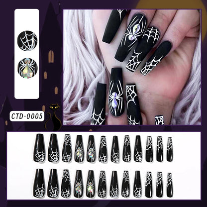 24Pcs Black Glossy Halloween Almond Fake Nails – Gradient French Press-on Nails with Rose, Heart & Skull Designs