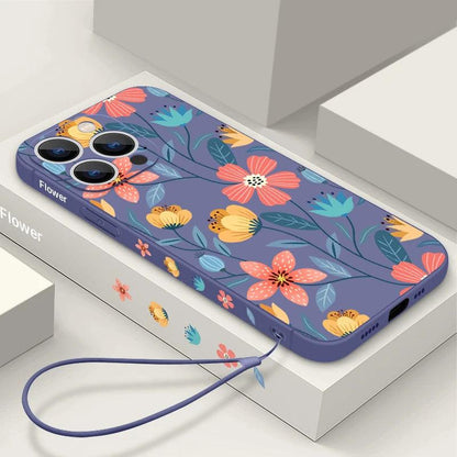 Flowers Soft Silicone Lanyard Case For iPhone 17 16e 15 16 Pro Max 12 13 14 11 Pro Max 17e Shockproof Bumper Strip Phone Cover
