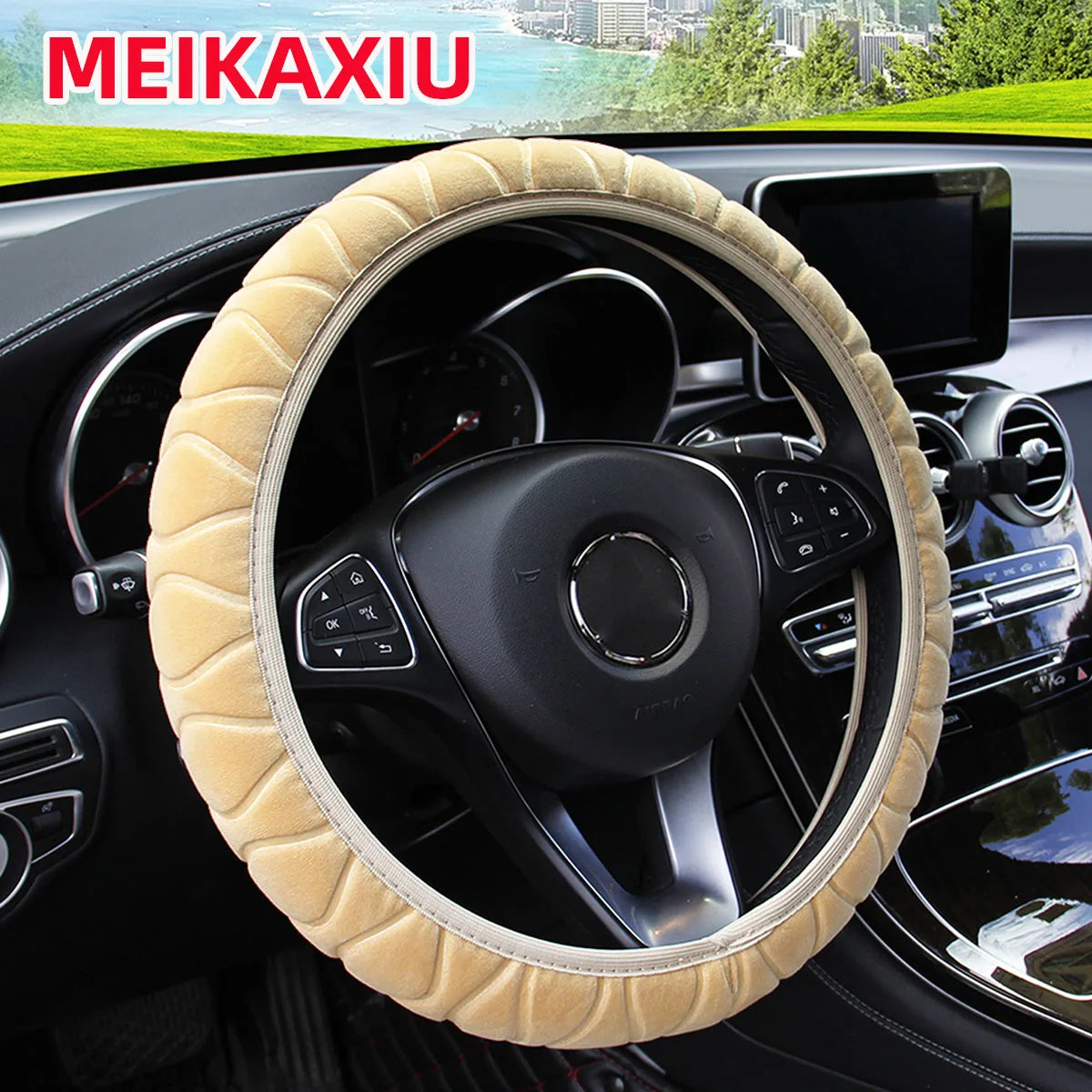 The soft short-fur plush pressed flower car inner-free steering wheel cover is suitable for 14.5 - 15-inch car interior accessor