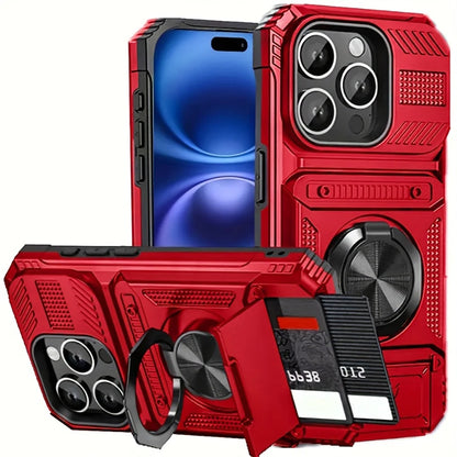 Rugged Armor Phone Case with Hidden Dual Card Slot & 360° Rotating Metal Ring Holder Kickstand, Shockproof Heavy-Duty Hard Shell with Raised Camera Protection, Compatible with iPhone 18/17 Pro Max/16/15/14/13/12/11/Plus/Aie