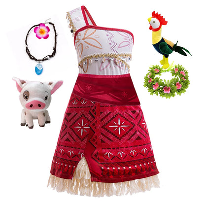 Girls Moana 2 Movie Dress – Halloween Party Adventure Costume & Princess Outfit with Vaiana Pet Pig Accessories