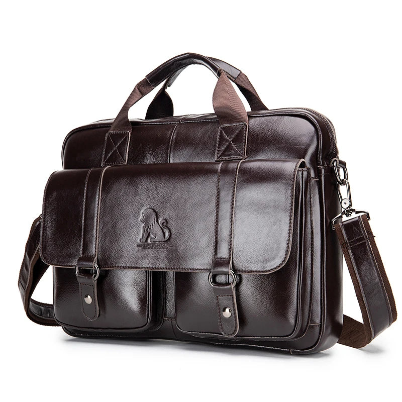 Genuine Leather Men's Briefcase with Double Front Pockets, Large Capacity Computer Bag, Diagonal Cross Handbag