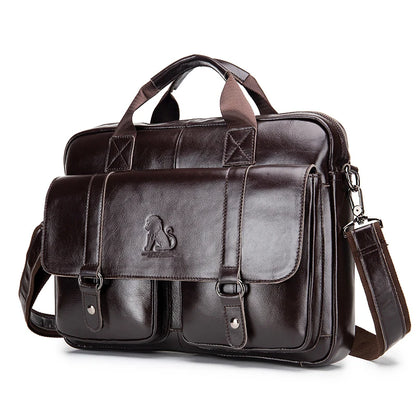 Genuine Leather Men's Briefcase with Double Front Pockets, Large Capacity Computer Bag, Diagonal Cross Handbag