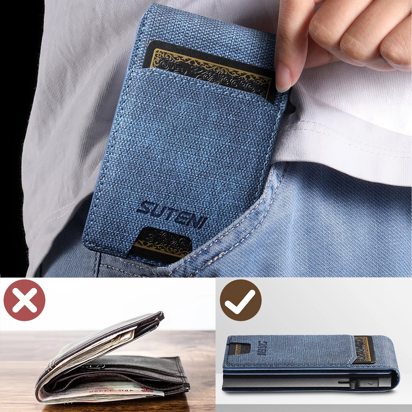 Push-out Card High Quality Faux Leather Card Holder Wallet Holder Large Capacity Can Hold 1-12 Cards 1 Photo Black/Brown/Blue