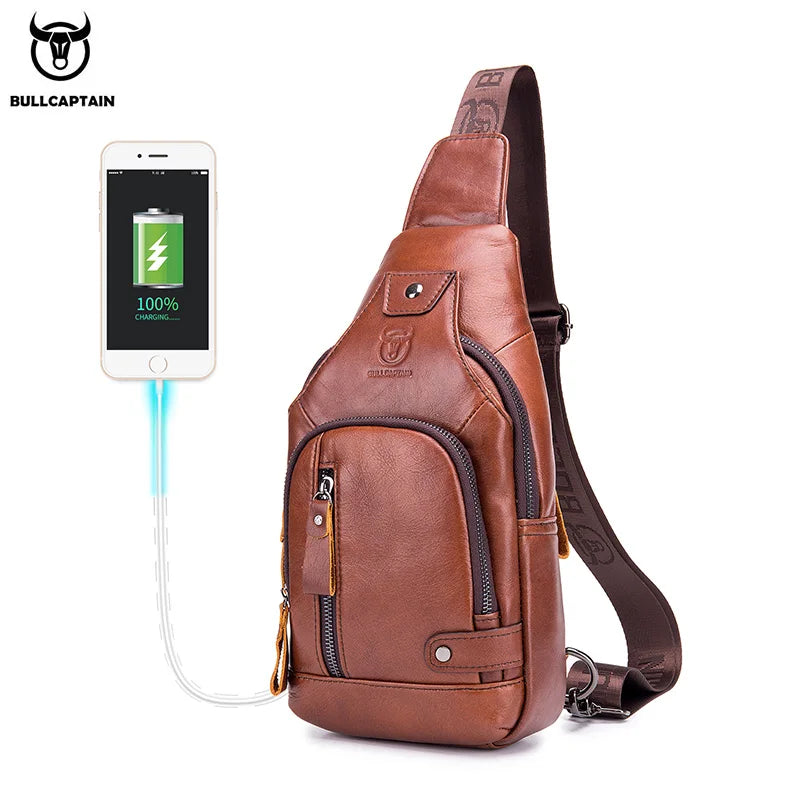 Bullcaptain Men's Usb Chest Bag 100% Genuine Leather Crossbody Shoulder Bags Multifunction Travel Outdoor Messenger Pack Fashion
