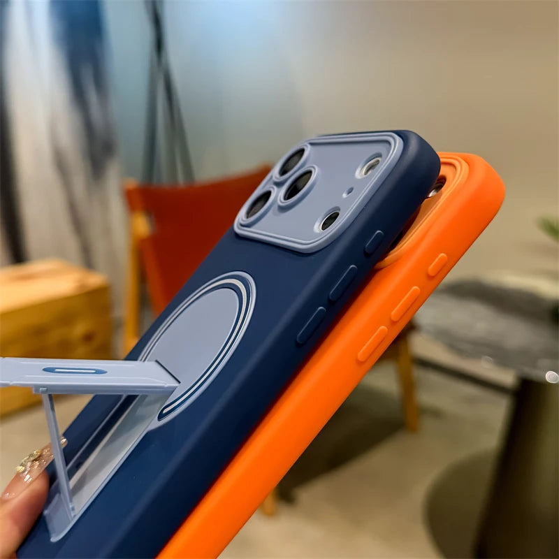 Luxury Fold Stand Holder Magnetic For Magsafe Matte Case For iPhone 17 16 15 14 13 12 11 18 Pro Max Plus Big Window Bumper Cover