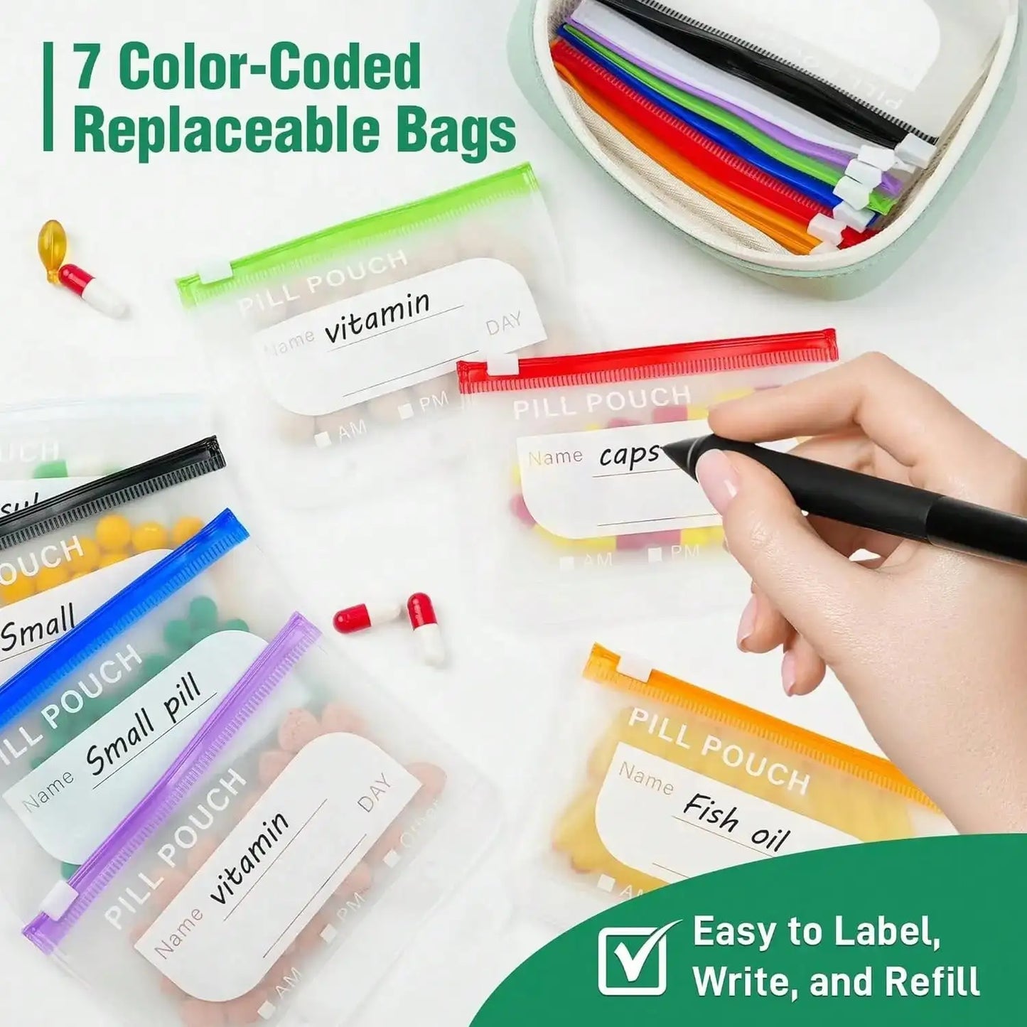 Waterproof Zipper Medicine Pouches Set, 14 Color Designs Weekly Organizer For Daily Supplement Storage