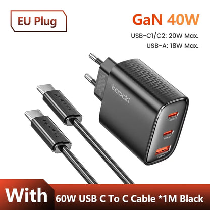 Toocki 40W GaN USB Charger Type C QC 4.0 Quick Charge Dual Type C Fast Phone Charger For iPhone 15 14 13 12 Pro Max Samsung S23