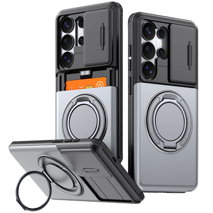 Armor Case For Samsung Galaxy S26 S25 S24 S23 S22 Ultra Plus S25FE S24FE Slide Camera Protect Ring Holder With Card Cover Funda
