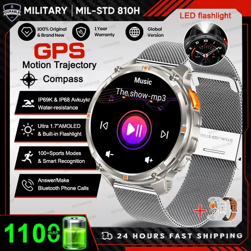 Men 1100mAh Ultra Durable Battery Smart Watch GPS Compass IP69K Waterproof BT Call 100+ Sport Mode Flashlight Sports Smartwatch - Urbizia