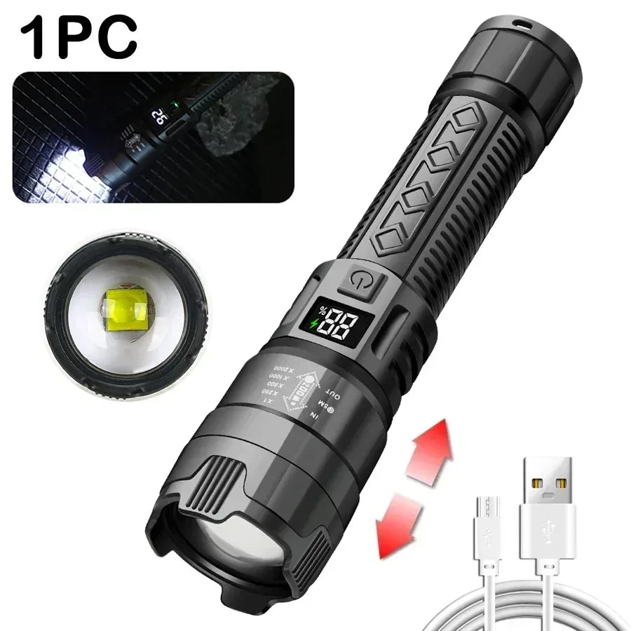 High Power 2000LM LED Flashlight Built-in Battery USB Rechargeable Strong Light Tactical Torch Outdoor Camping Hiking Lantern - Urbizia